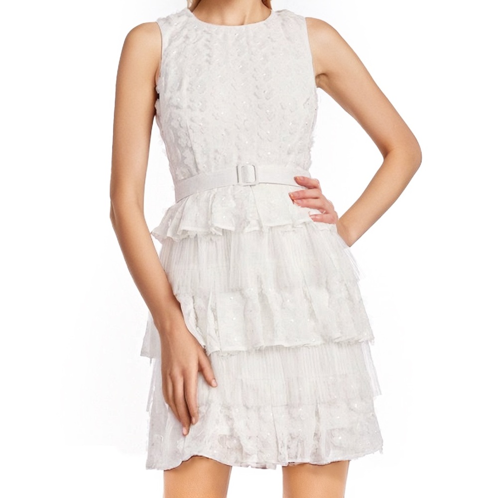 Badgley Mischka Tiered Ruffle Pleated Mesh Dress with 3D Florals